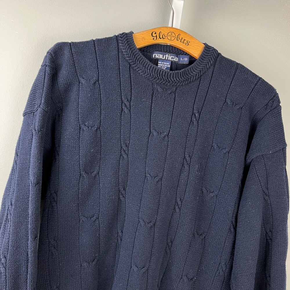 Vintage Nautica Cable Knit Sweater Mens‎ L Navy Blue Crewneck Preppy Pullover